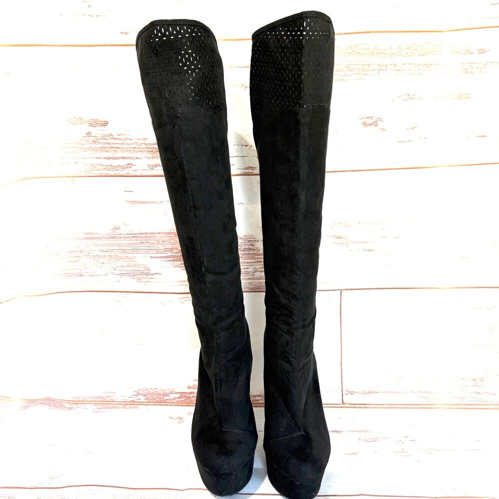 Qupid Black Faux Suede Laser CutPlatform Stiletto High Boots Women's Size 7.5